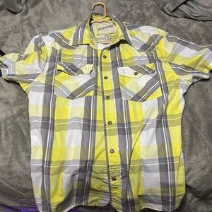 Yellow gray and white short sleeve flannel button up